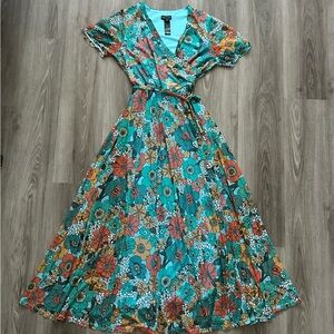 Kate and Lily Floral Teal Wrap Maxi Dress